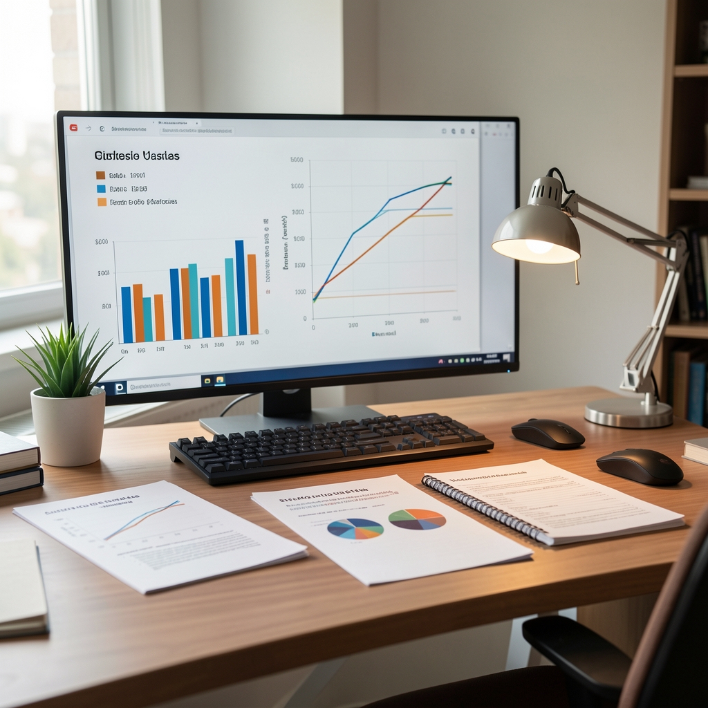 Mesa de estudio con gráficos de rendimiento, curva de tasas y notas técnicas en español