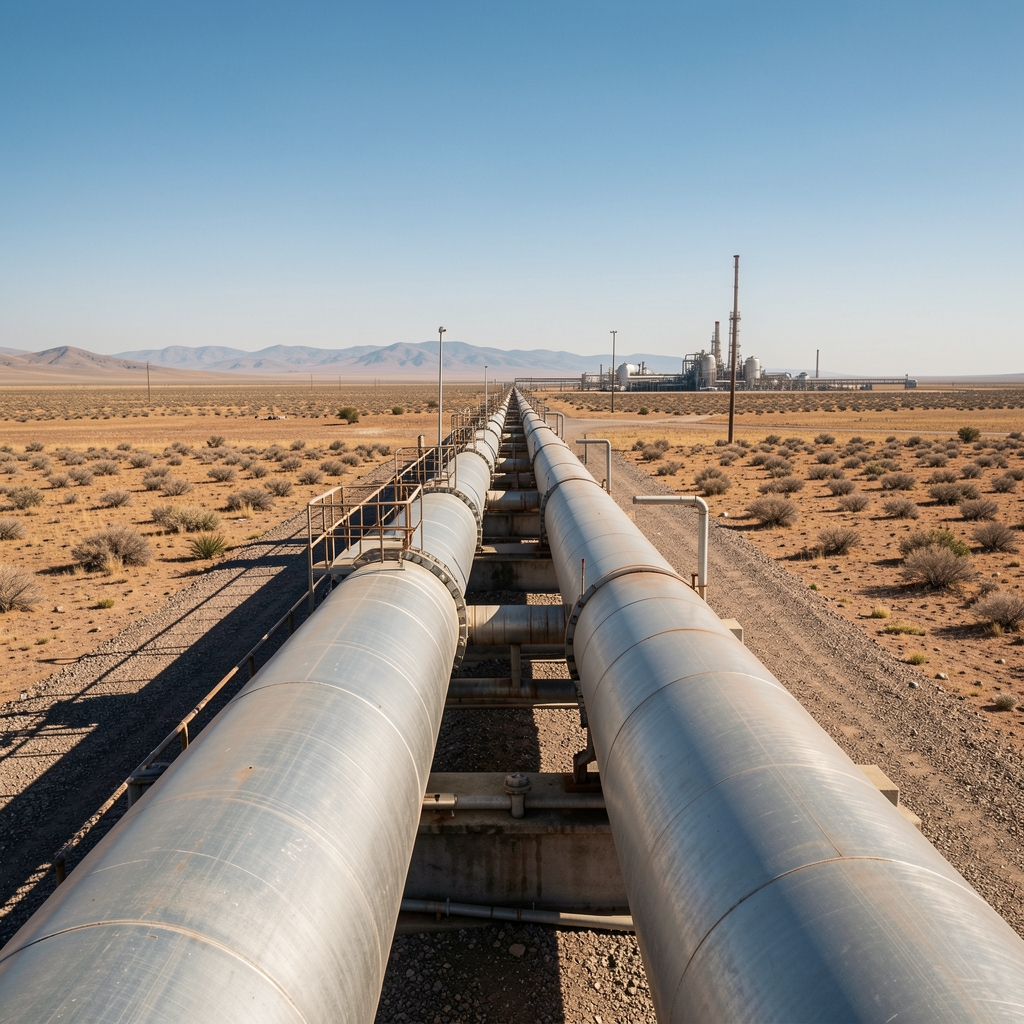 Tramo de gasoducto industrial argentino atravesando una llanura árida bajo un cielo despejado