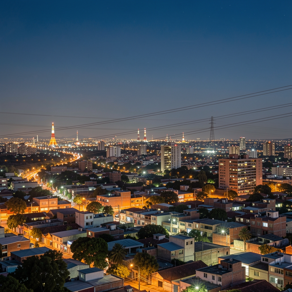 Vista nocturna de una ciudad argentina con luces urbanas y líneas de energía sobre el horizonte