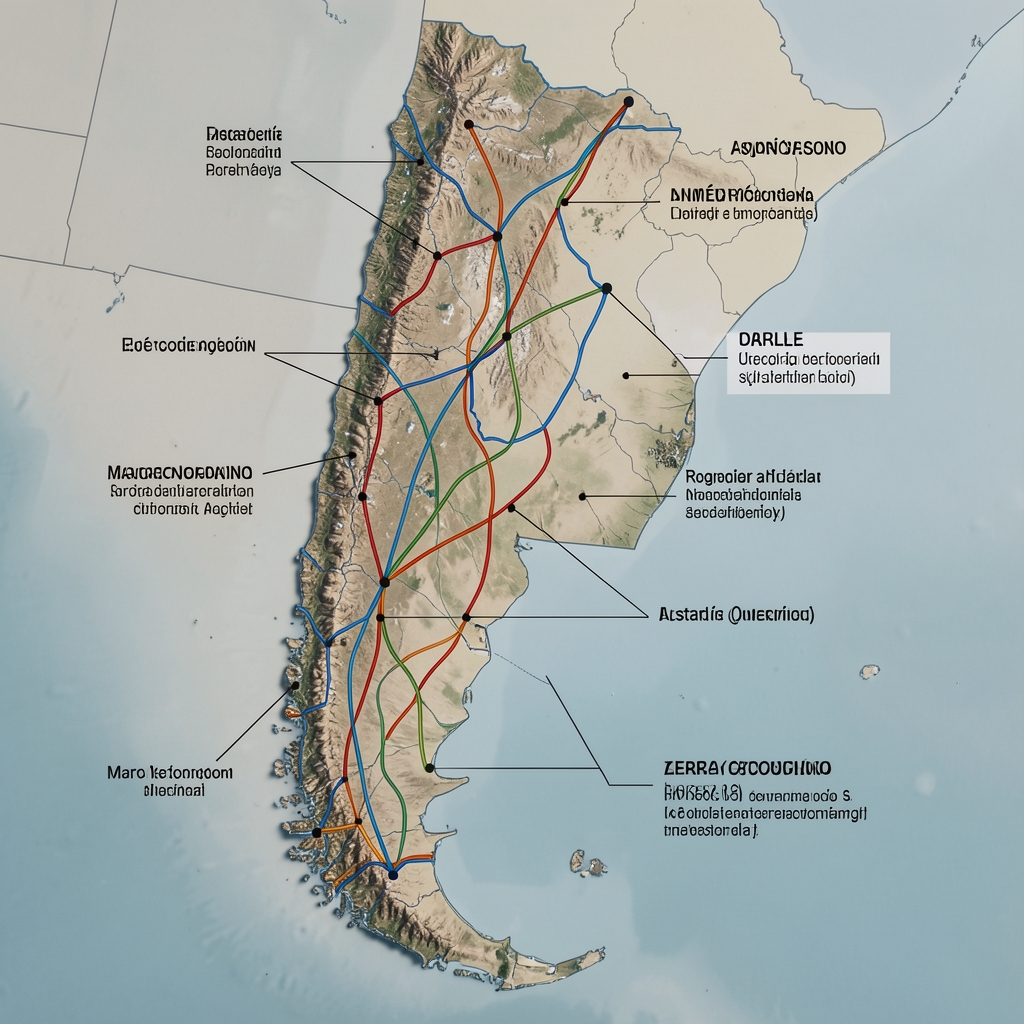 Mapa de Argentina con corredores energéticos y anotaciones de escenarios macroeconómicos