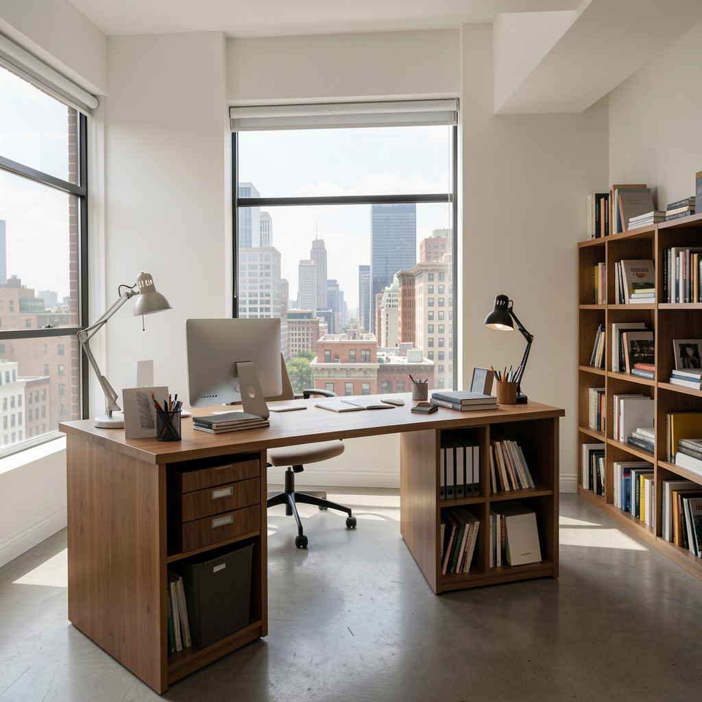 Oficina luminosa en Buenos Aires con escritorio editorial y vista urbana